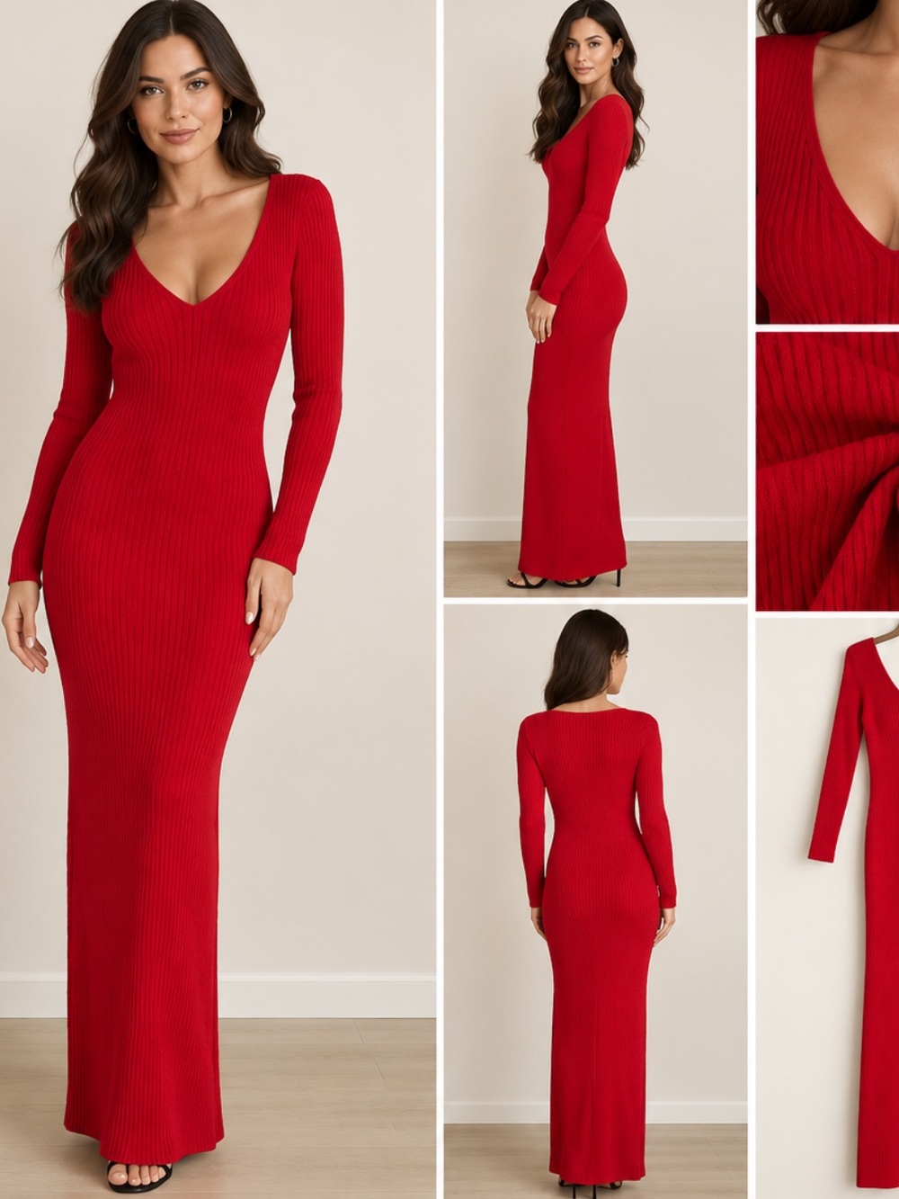 Unbranded Red Ribbed Body con Knit Maxi Dress - Deep V-Neck Long Sleeve
